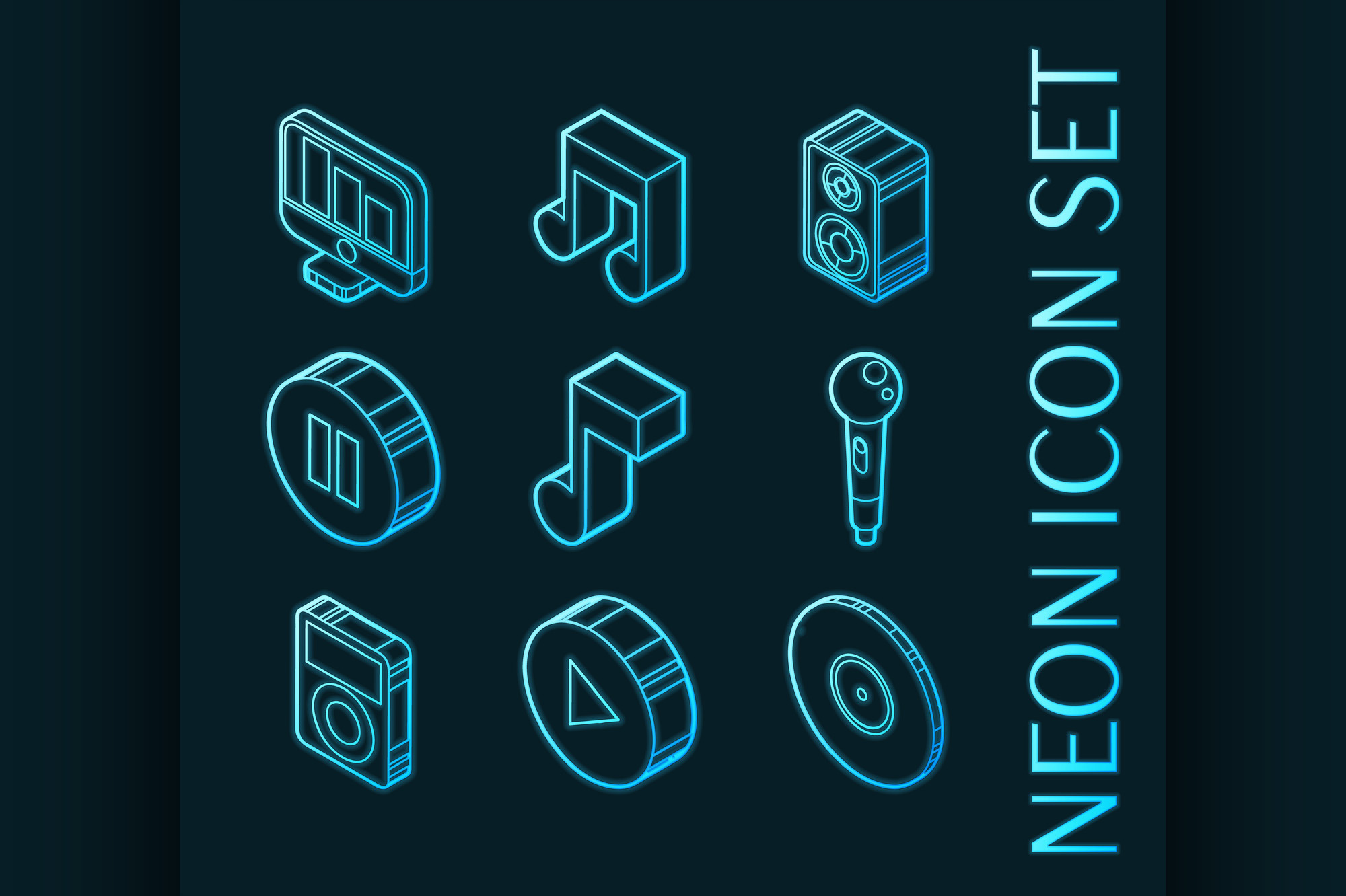 Music Set Icons Blue Glowing Neon Pre Designed Illustrator Graphics Creative Market