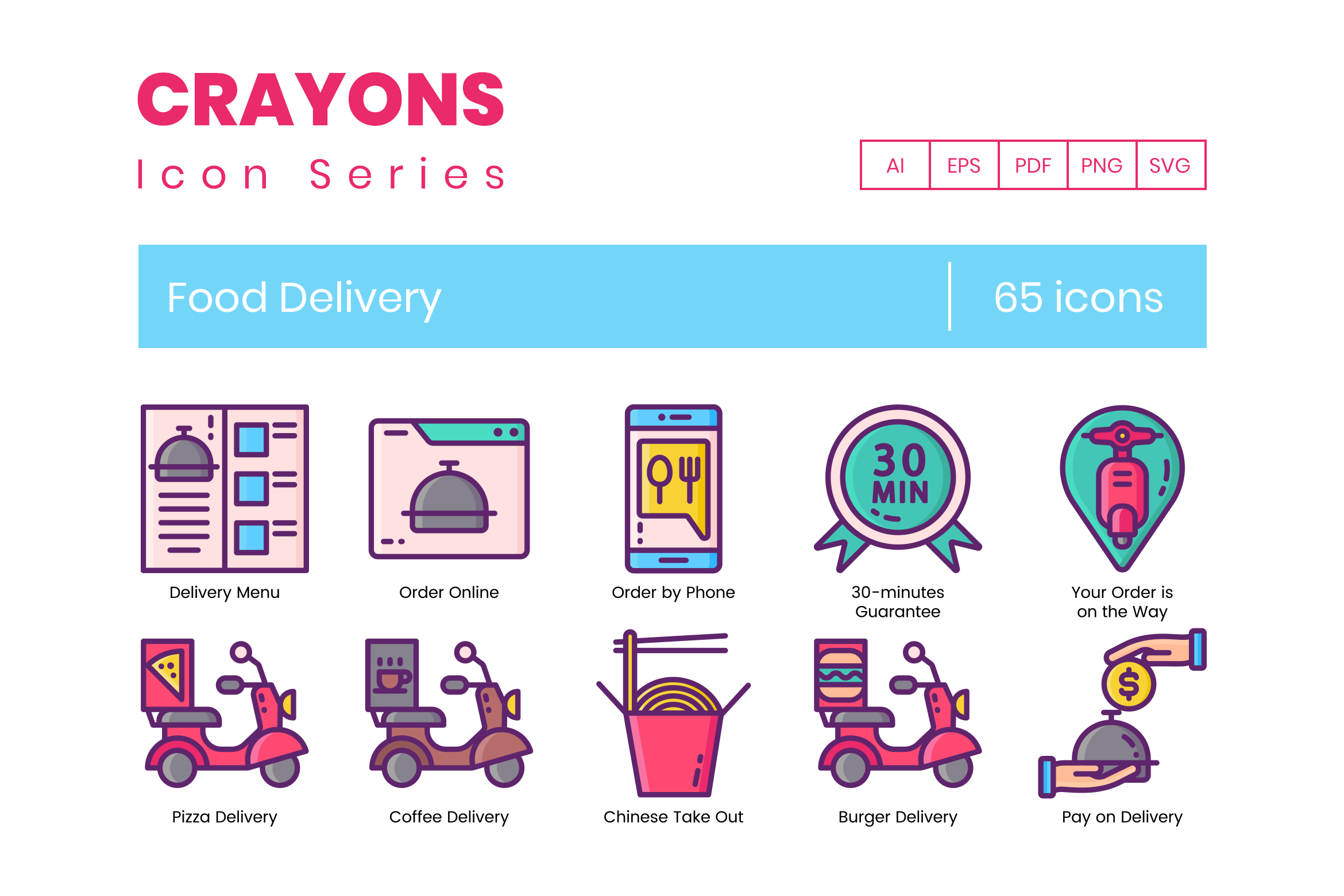 65 Food Delivery Icons Crayons Pre Designed Photoshop Graphics Creative Market