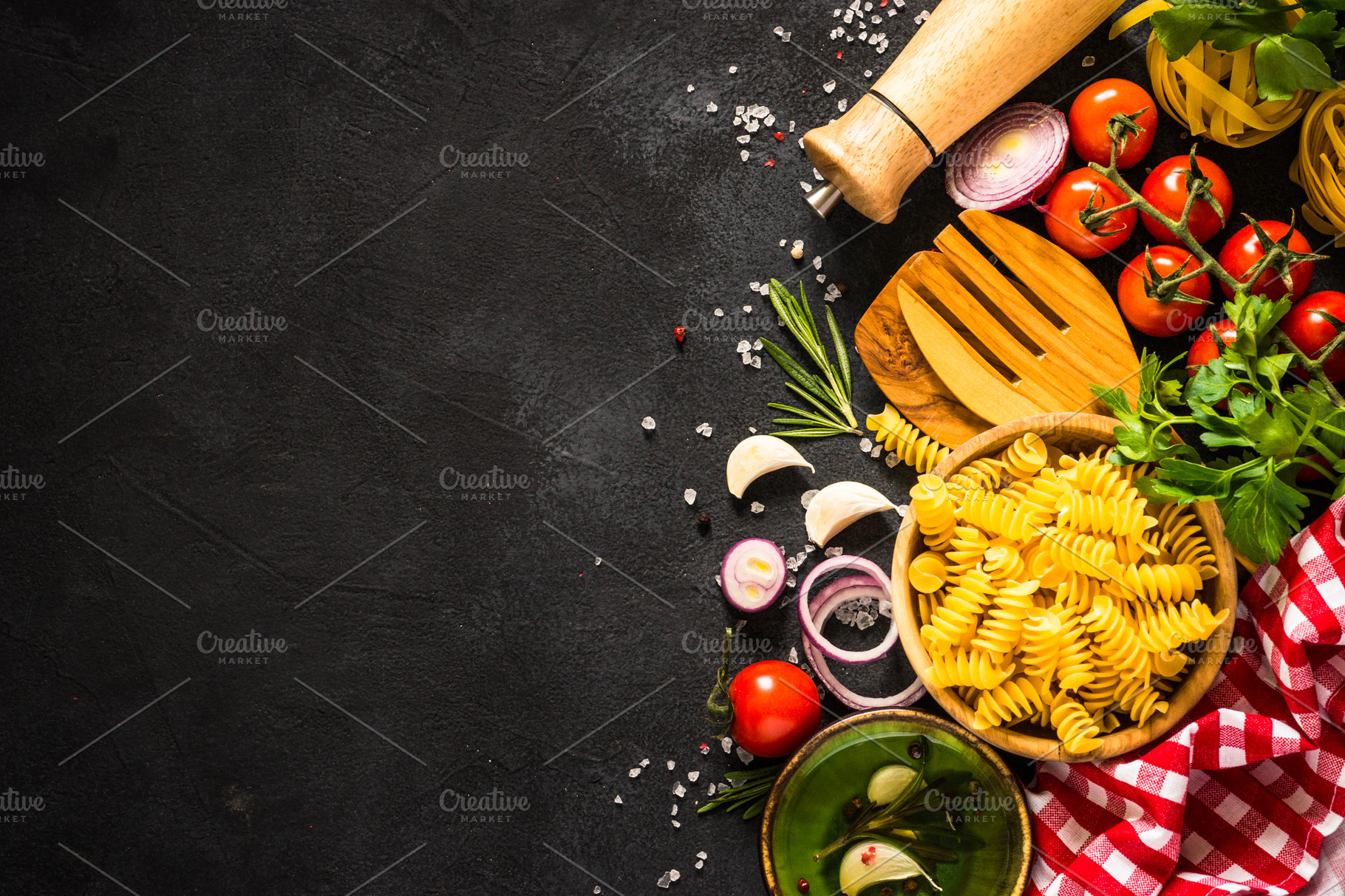 Food cooking background on black kitchen table Stock Photo by Nadianb