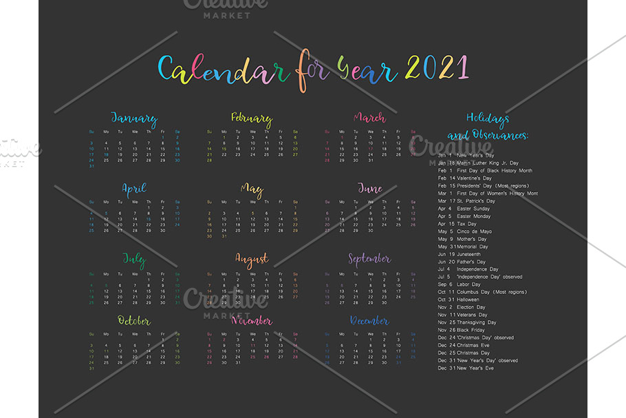 Vector Calendar For 2021 Year Pre Designed Illustrator Graphics Creative Market