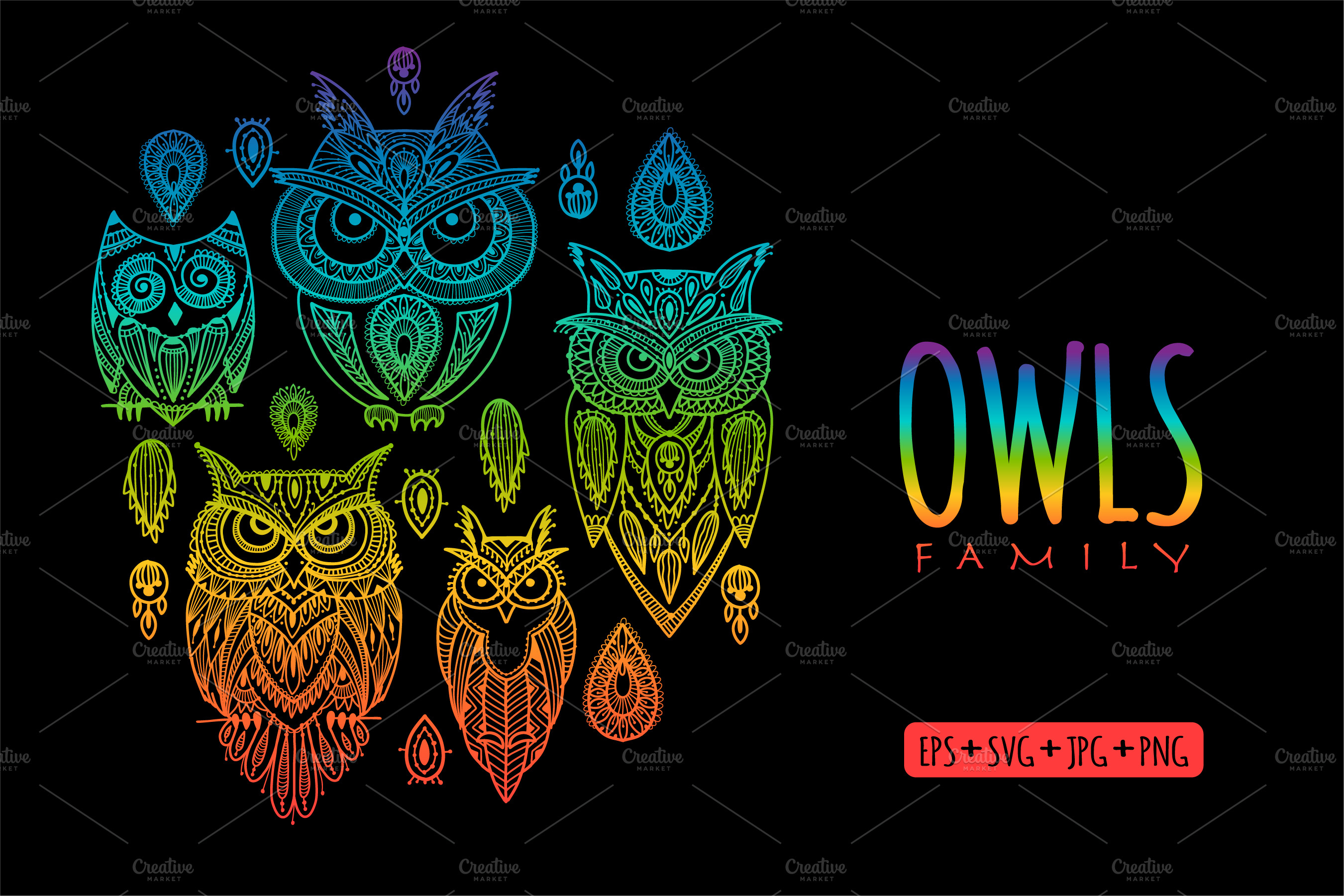 Download Owls Family In Different Colors Pre Designed Vector Graphics Creative Market