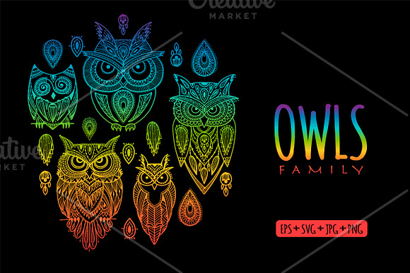 Download Owls Family In Different Colors Pre Designed Vector Graphics Creative Market