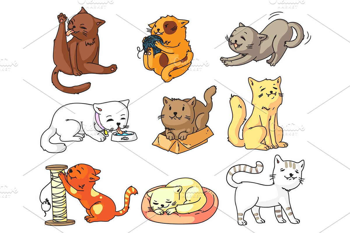 Funny cartoon cat set isolated on | Pre-Designed Vector Graphics