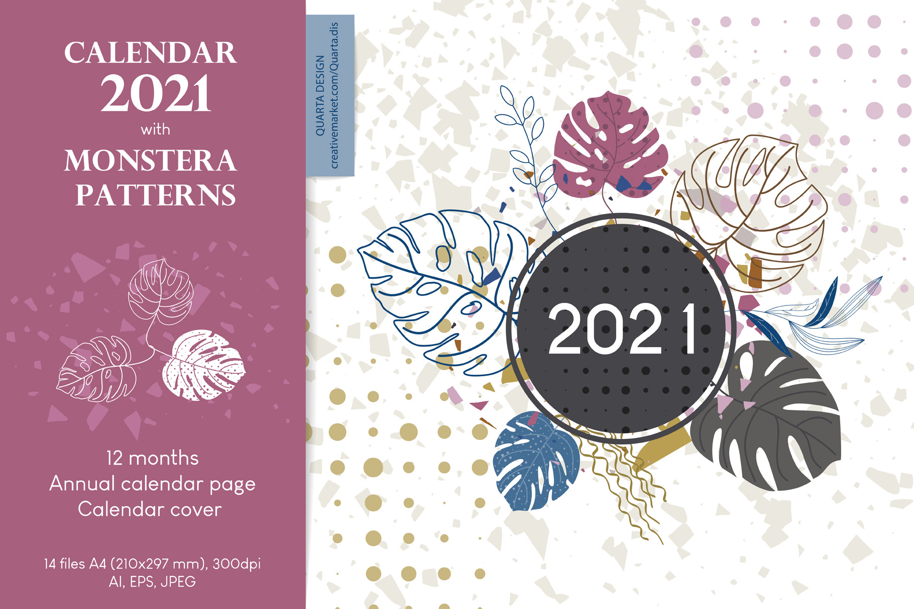 Wall Calendar 2021 Monstera Leaves Pre Designed Illustrator Graphics Creative Market