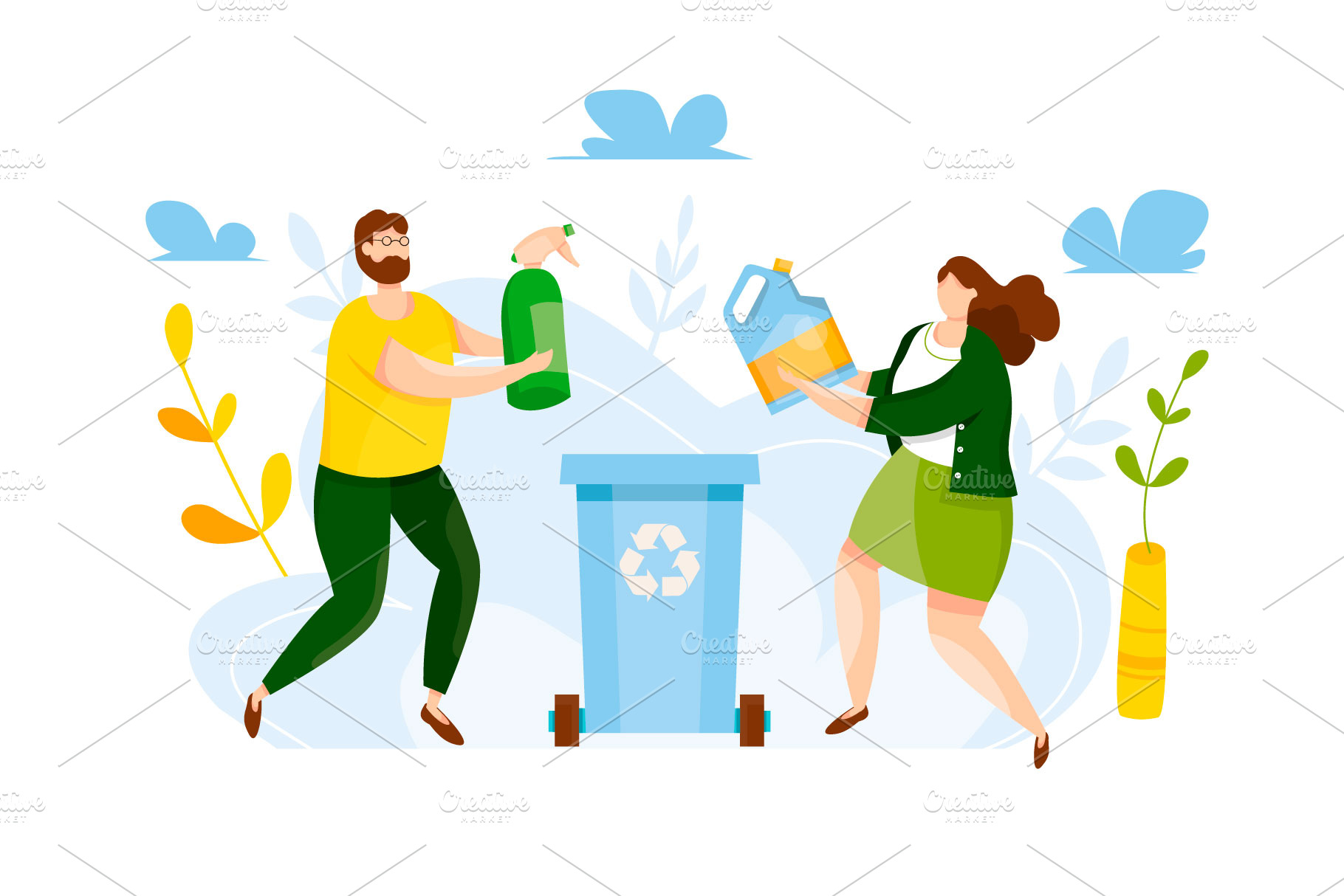 people-putting-rubbish-in-trash-bin-people-illustrations-creative