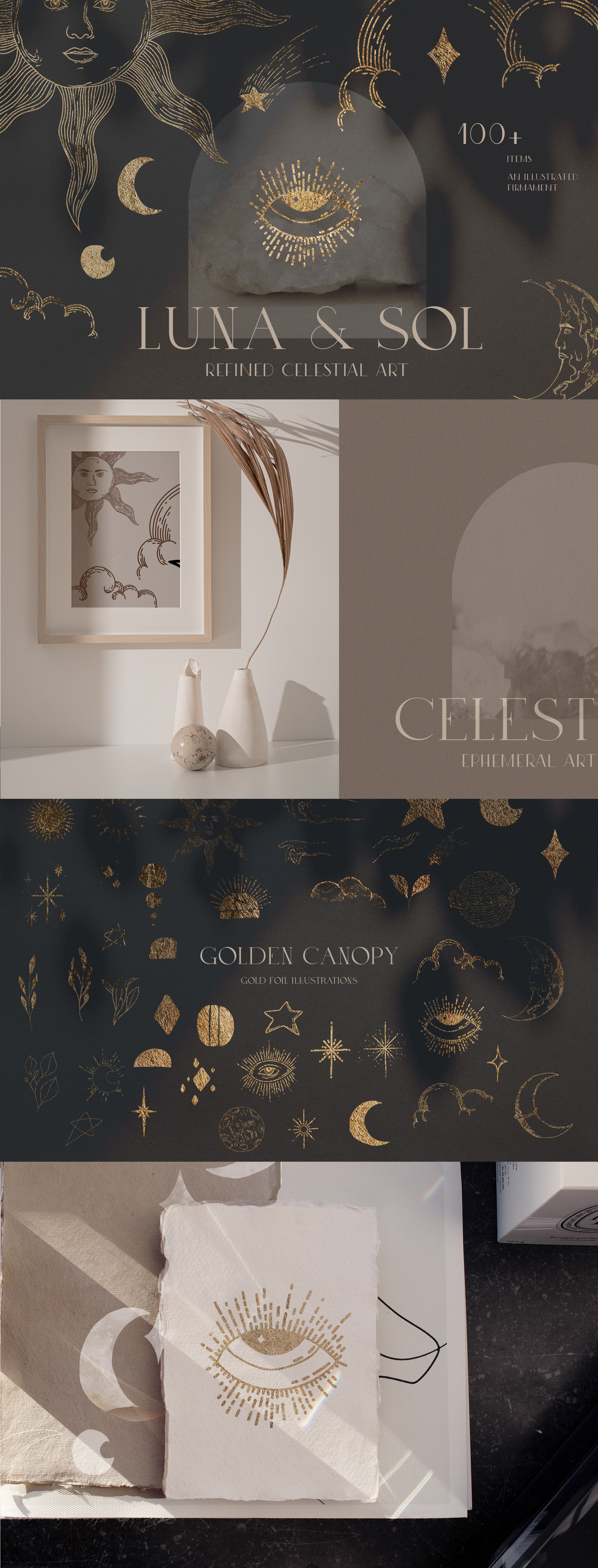 Golden Celestial Sun Moon Line Art Creative Market