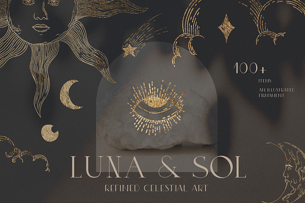 Golden Celestial Sun Moon Line Art Creative Market