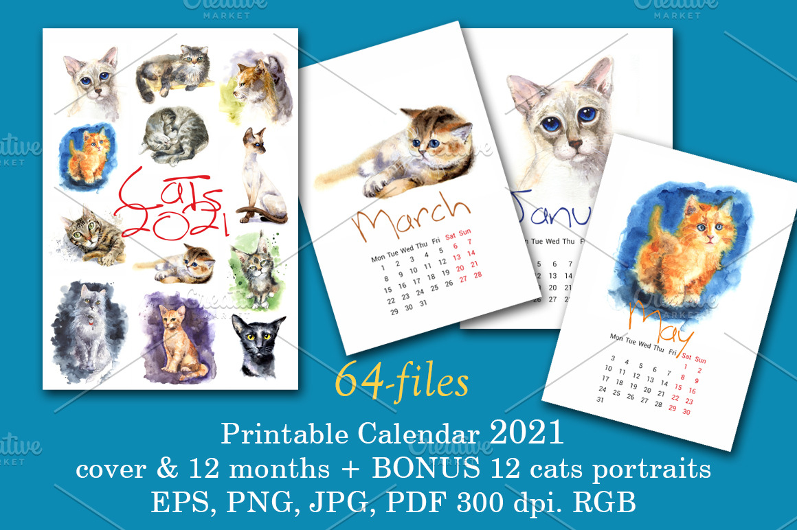 Calendar with cats -2021 | Animal Illustrations ~ Creative Market