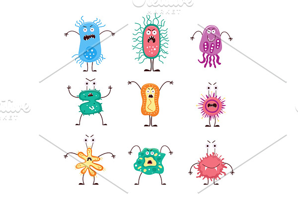 Ugly virus, germ and bacteria characters with human faces | Pre