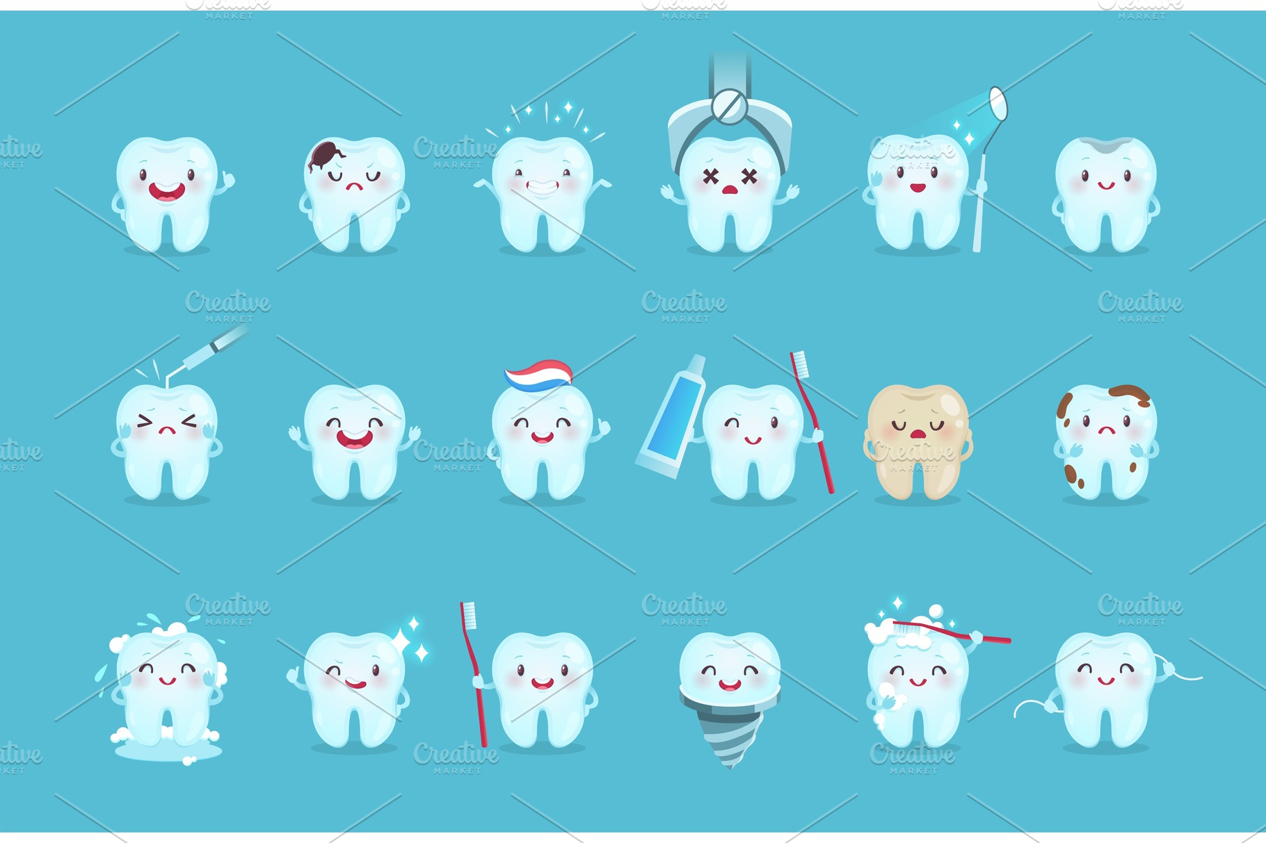 Cartoon teeth. Cute tooth characters | Graphic Objects ~ Creative Market