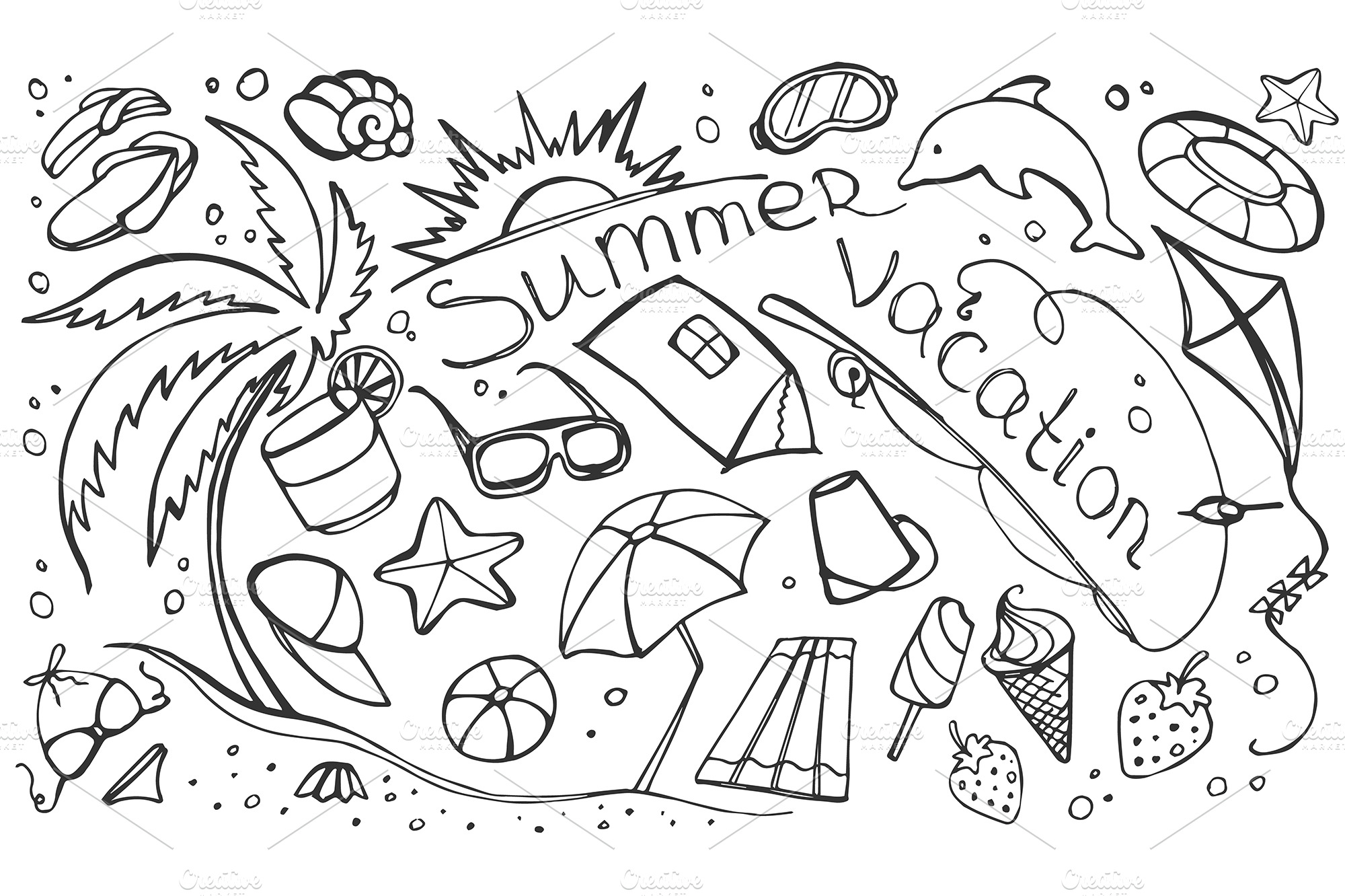 Doodle vector set of summer vacation | Illustrator Graphics ~ Creative ...