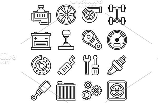 Car Parts Icons Set and Backgrounds | Pre-Designed Illustrator Graphics