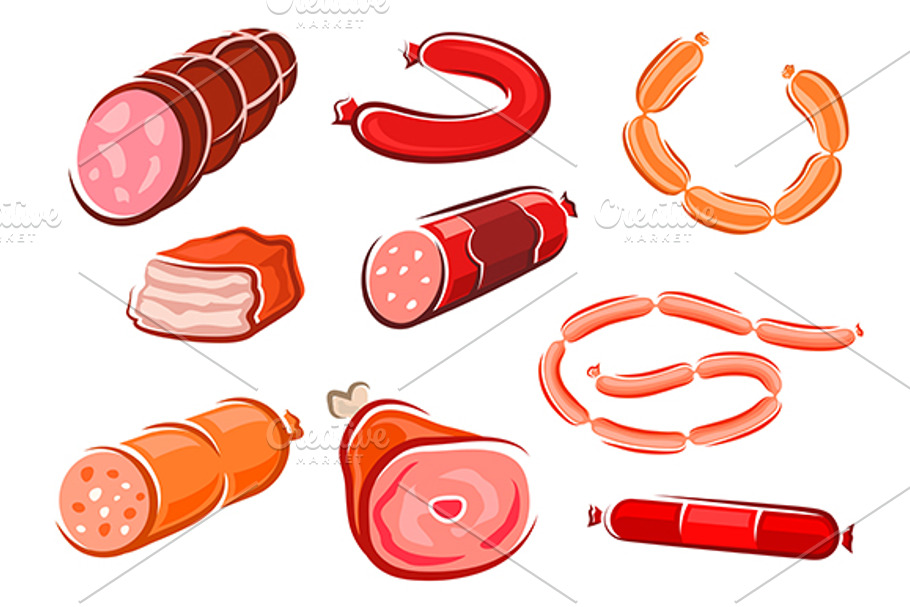 Cartoon cuts of meat and meat food | Pre-Designed Illustrator Graphics