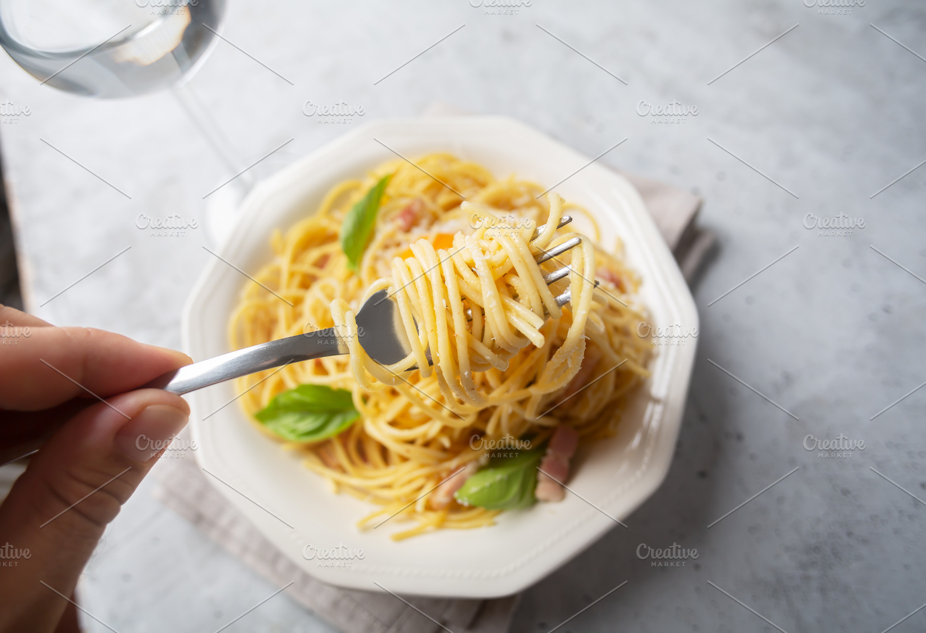 Man Takes Italian Pasta Carbonara Ma High Quality Food Images Creative Market