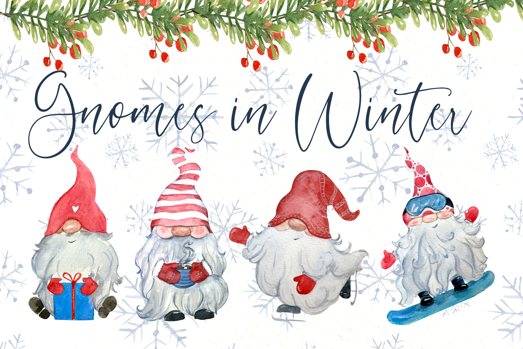 Gnomes in Winter Watercolor Clip Art | Sports Illustrations ~ Creative