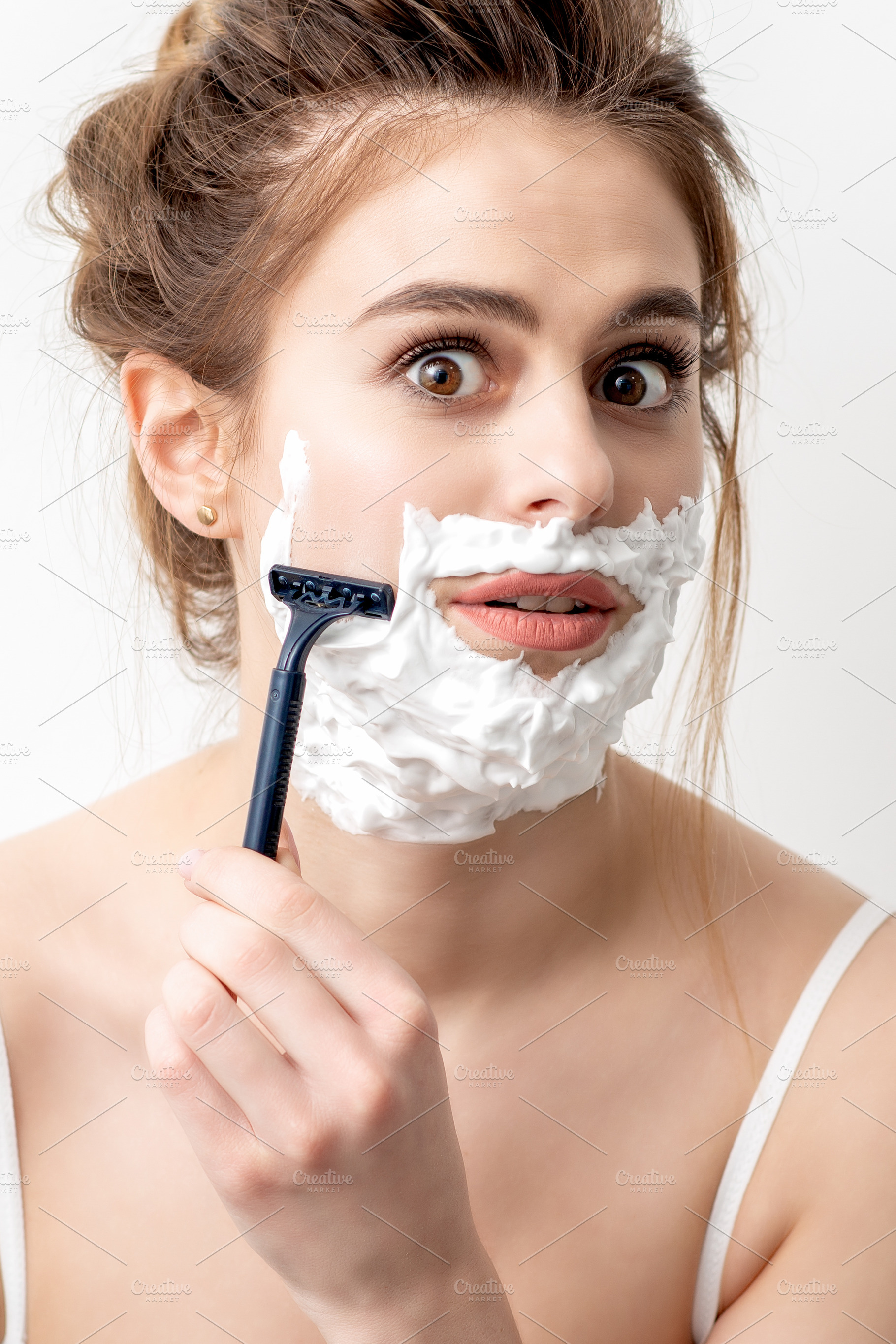 Woman Shaving Her Face By Razor Featuring Woman Face And Shaving Beauty And Fashion Stock