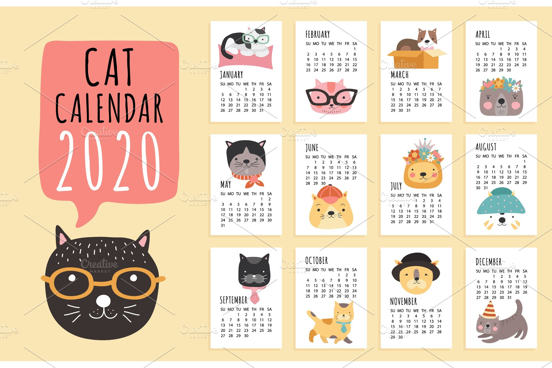 Cat calendar. 2020 monthly planner | Background Graphics ~ Creative Market