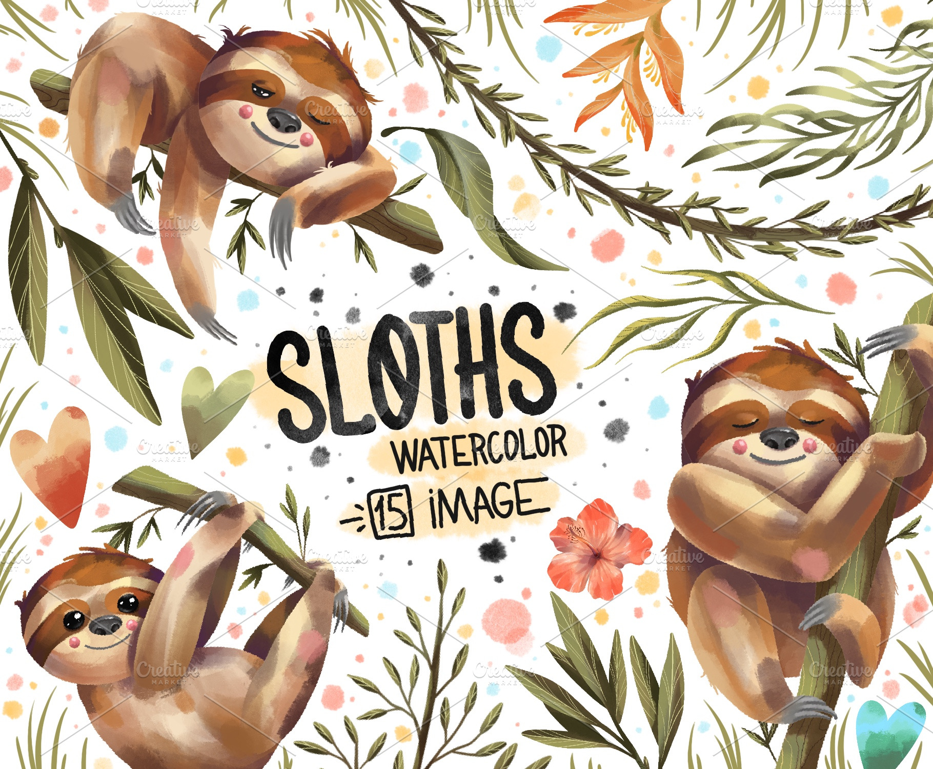 Watercolor Little Sloth Clipart Custom Designed Illustrations Creative Market