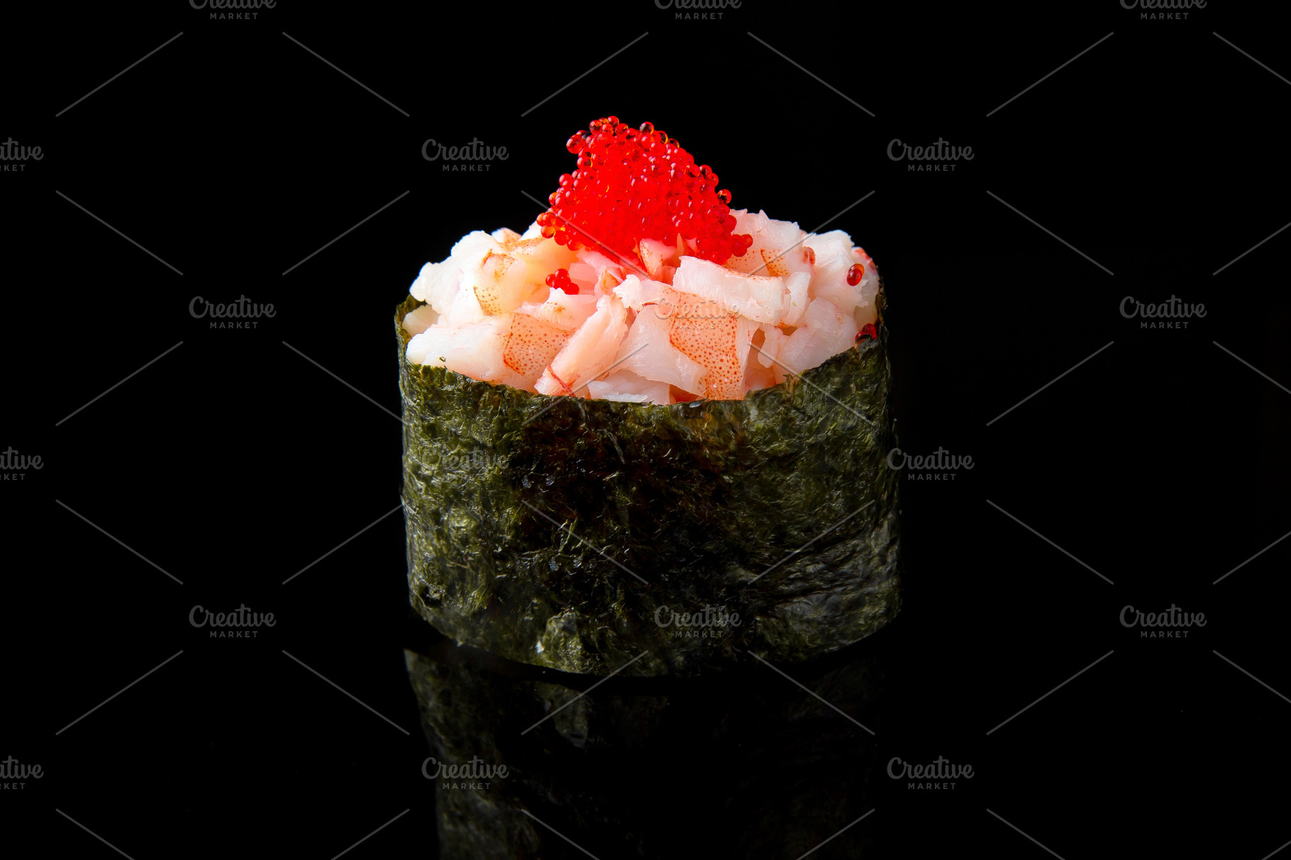 Assorted fresh sushi gunkan maki with seafood. set of gunkans in