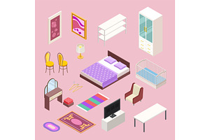 Bedroom In Isometric View Pre Designed Illustrator Graphics Creative Market