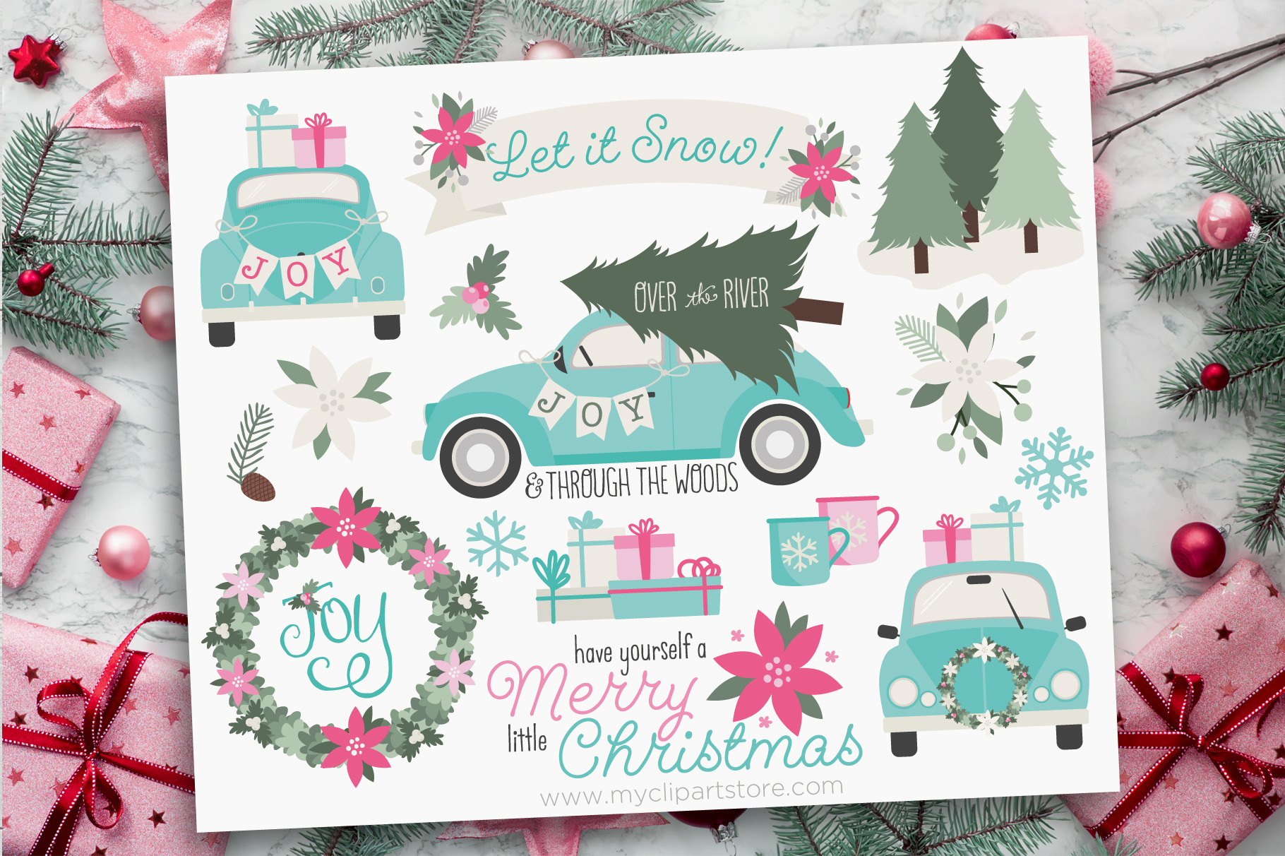 Vintage Car with Christmas Tree Mint | Seasonal Illustrations