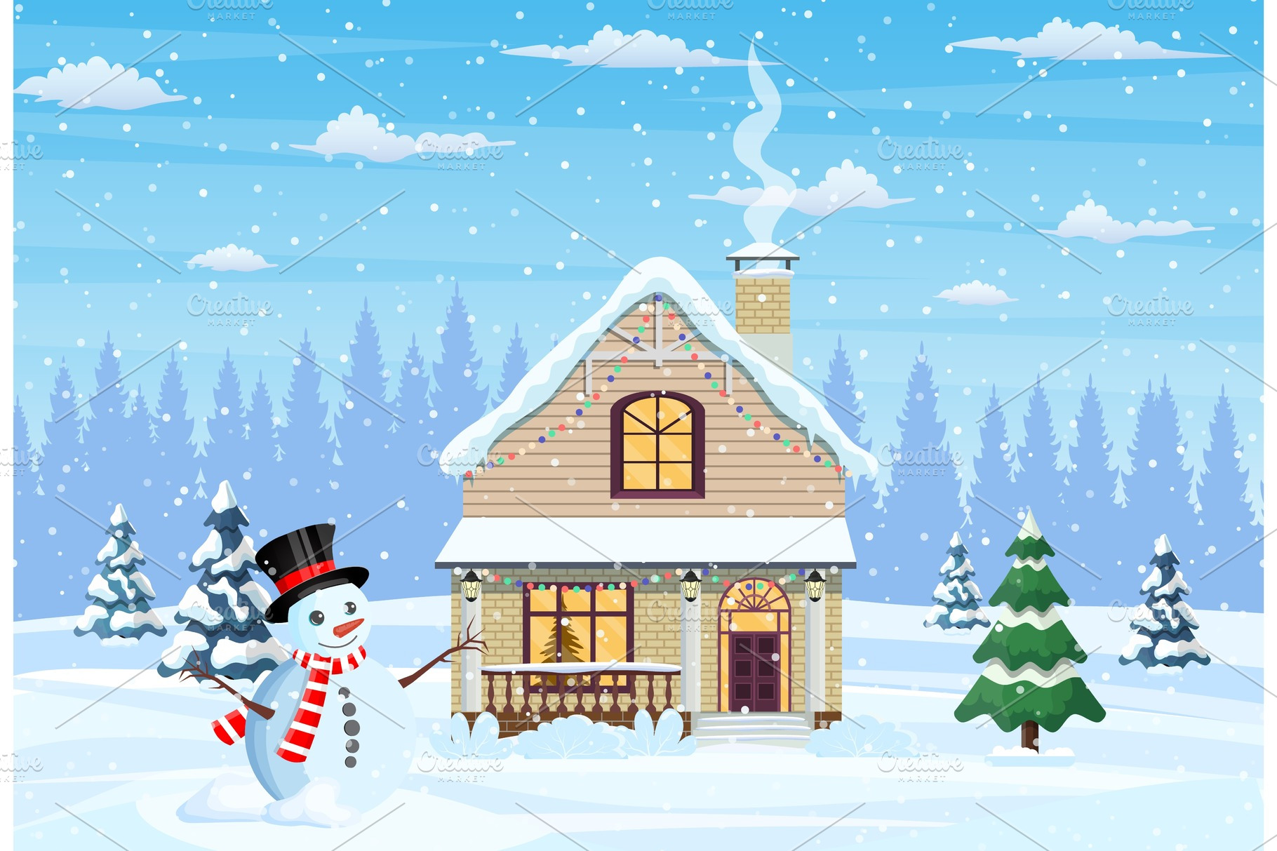 Suburban house covered snow. | Vector Graphics ~ Creative Market