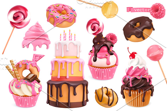 Cake, cupcakes, donuts, vector icons