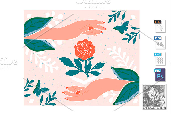 Set of flowers in hands concept. | Pre-Designed Photoshop Graphics