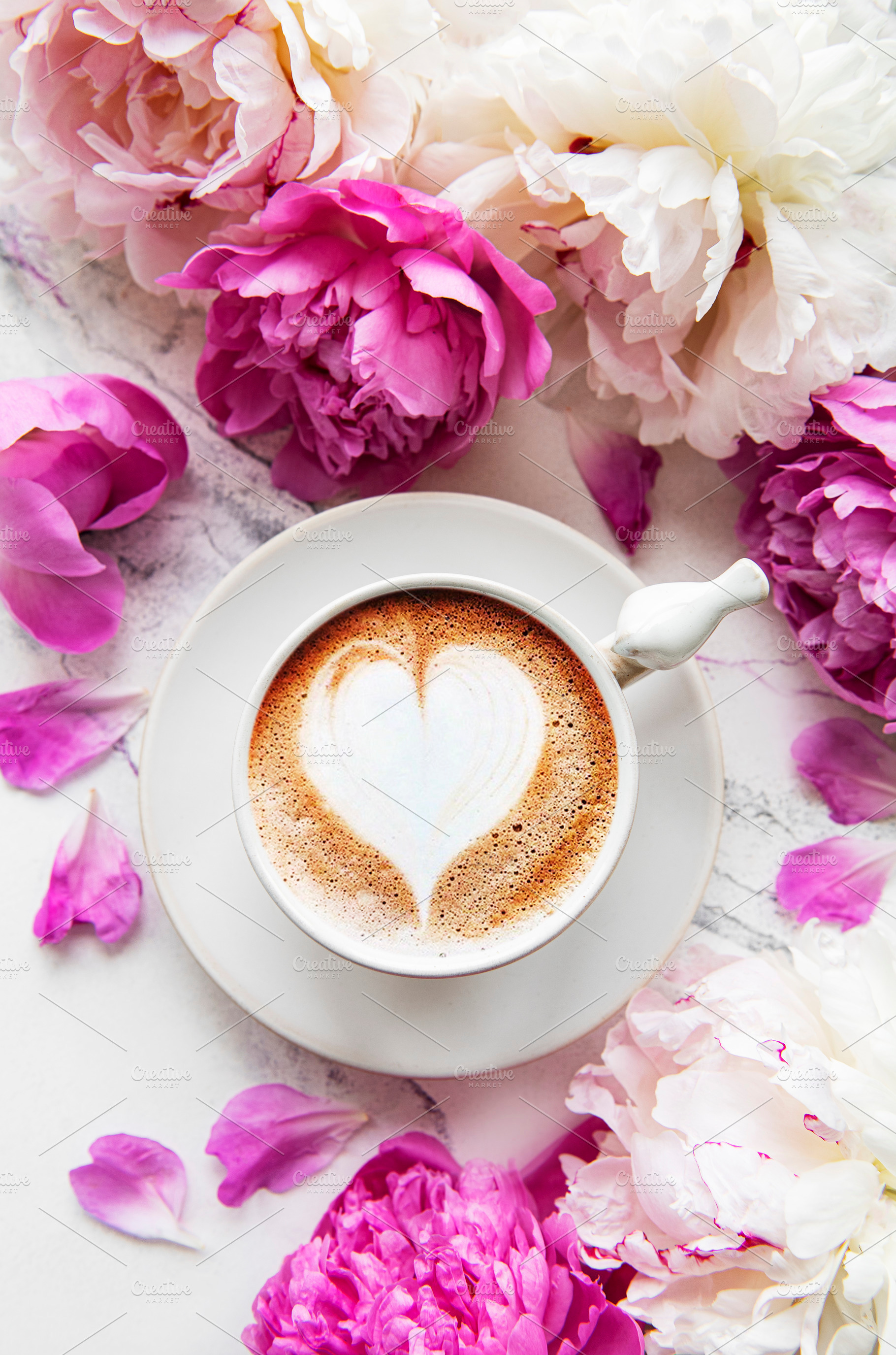 Pink peony flowers and cup of coffee featuring coffee, peony, and ...