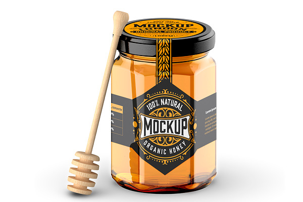 Download Honey Glass Jar With Spoon Mockup Creative Photoshop Templates Creative Market