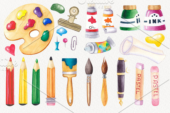 Watercolor Artist Supplies clipart set