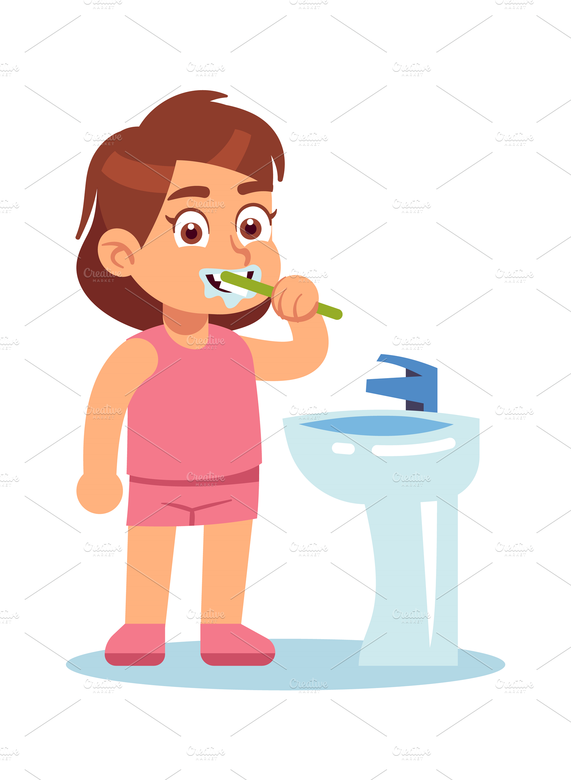 Girl brushing teeth. Cute child in b | Background Graphics ~ Creative ...